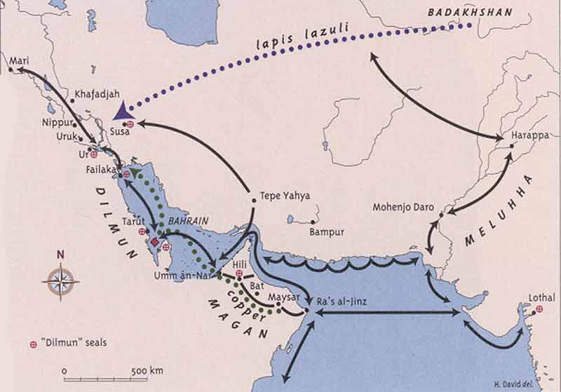 خريطة مفصلة توضح إمتداد الطرق التجارية بين مدن حضارة وادي الإندوس و حضارة سومر.