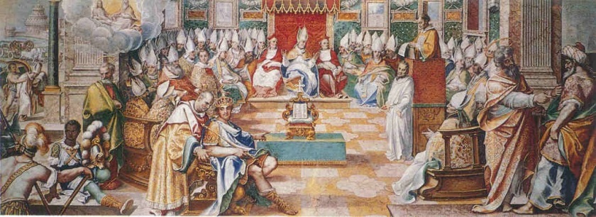 مشهد تخيلي للمجمع المسكوني الذي عقد في نيقية في العام 325 بعد الميلاد, بحضور الإمبراطور قسطنطين.